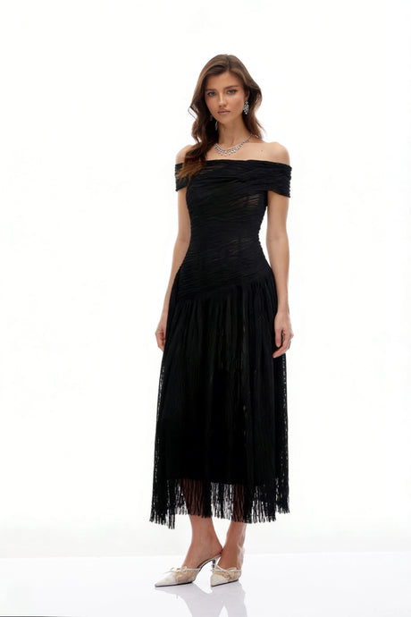 Alina Midi Dress Black Asymmetrical Textured Ruched