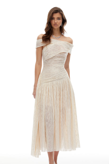 Alessandra Midi Dress Neutral Asymmetrical Textured Ruched