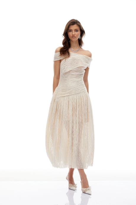 Alessandra Midi Dress Neutral Asymmetrical Textured Ruched