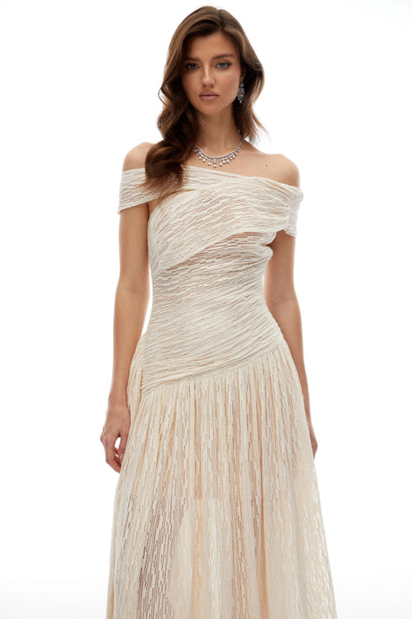 Alessandra Midi Dress Neutral Asymmetrical Textured Ruched