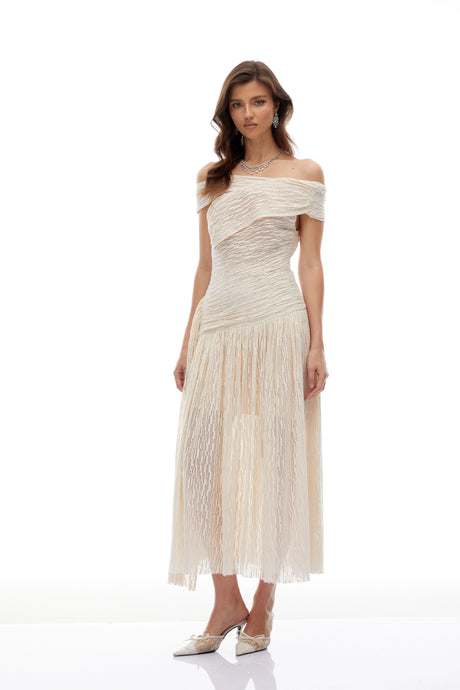 Alessandra Midi Dress Neutral Asymmetrical Textured Ruched
