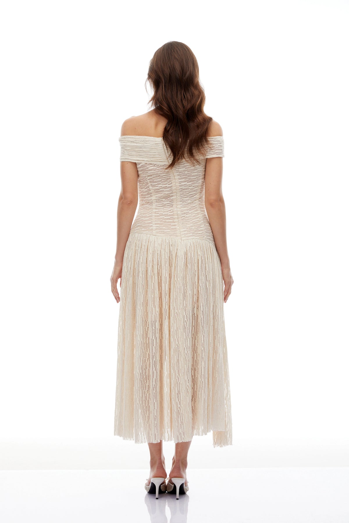 Thale Neutral Asymmetrical Textured Ruched Midi Dress