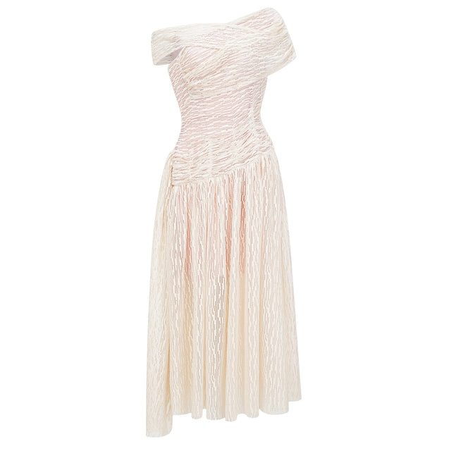 Thale Neutral Asymmetrical Textured Ruched Midi Dress