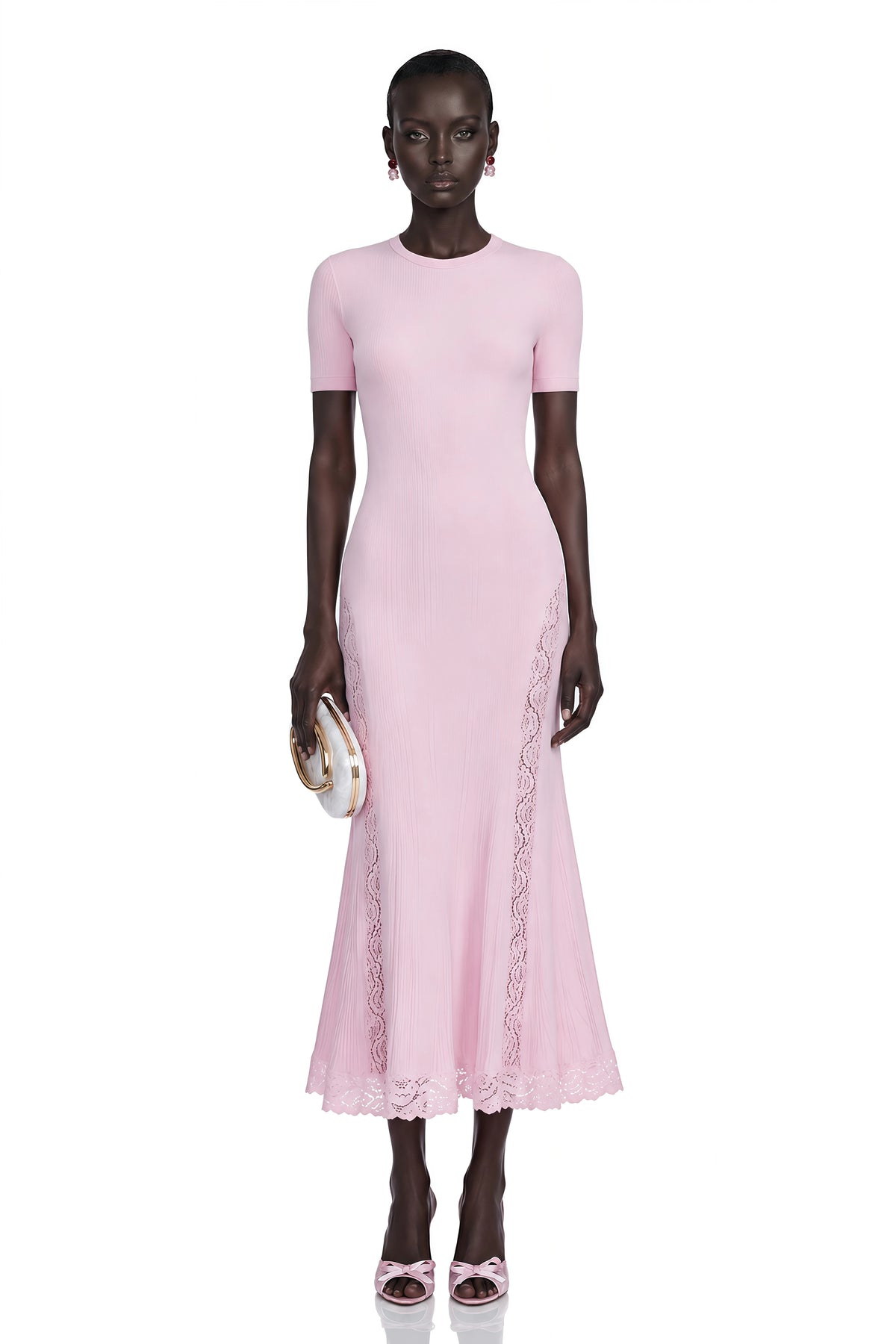 Thalya Pink Lace Trim Knit Midi Dress