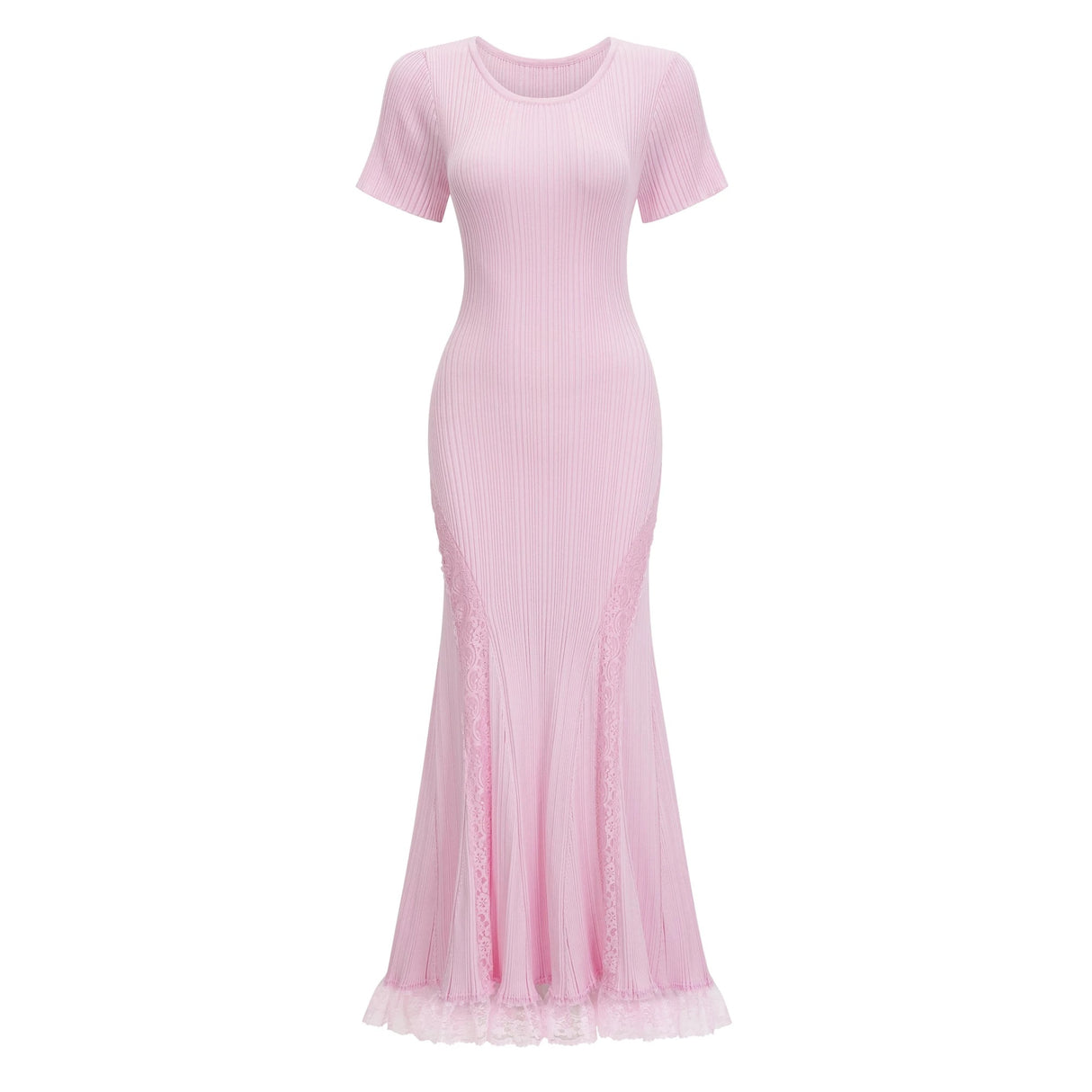 Thalya Pink Lace Trim Knit Midi Dress