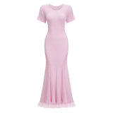Thalya Pink Lace Trim Knit Midi Dress