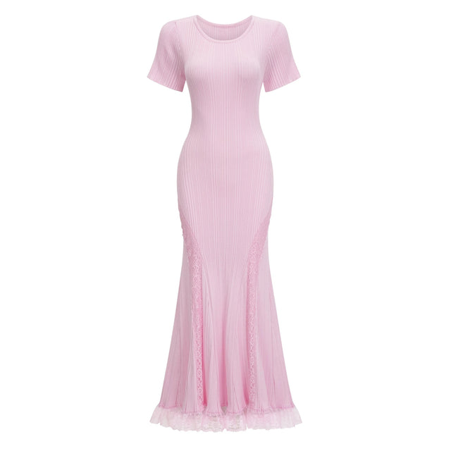 Thalya Pink Lace Trim Knit Midi Dress