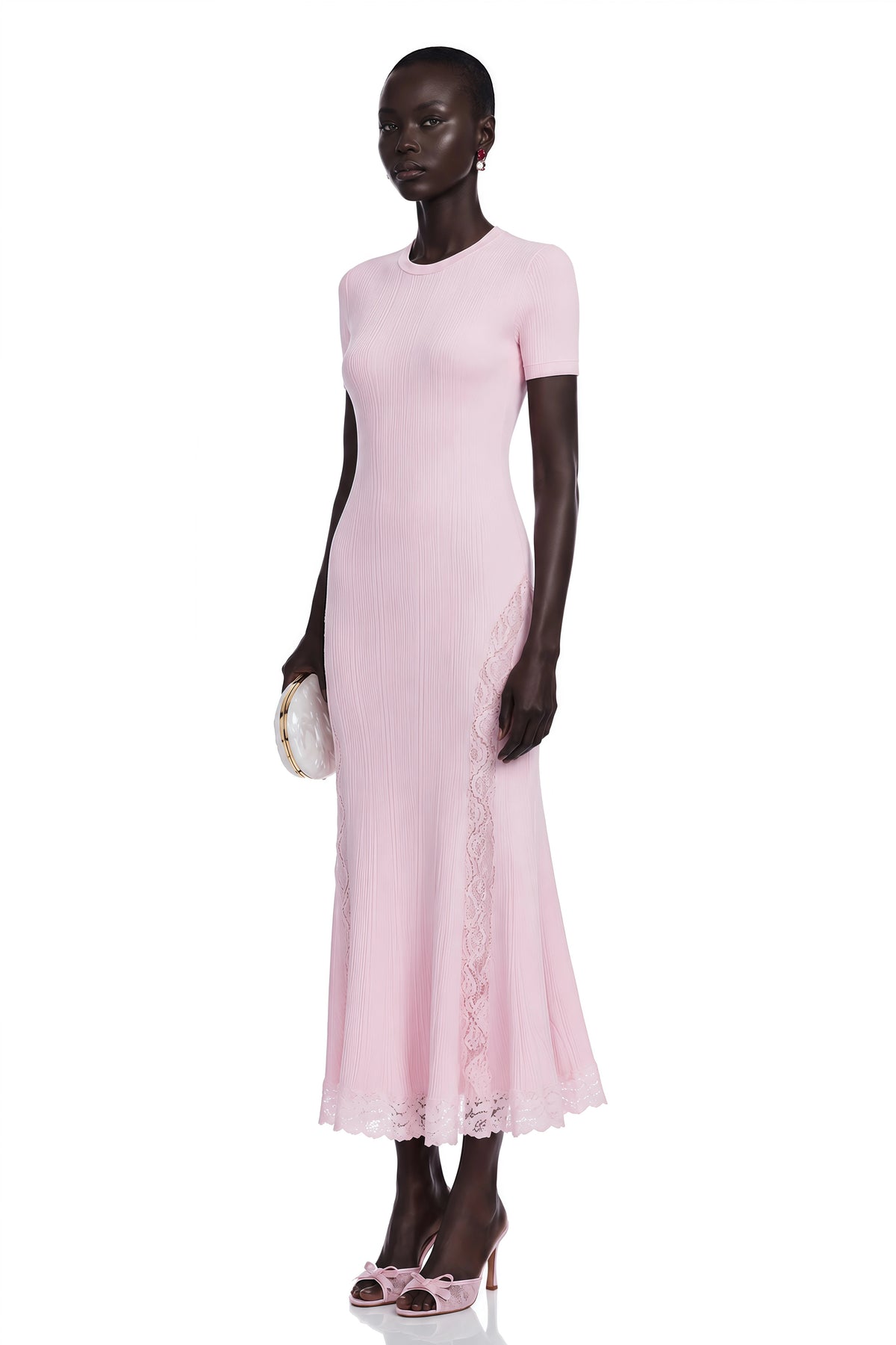 Thalya Pink Lace Trim Knit Midi Dress