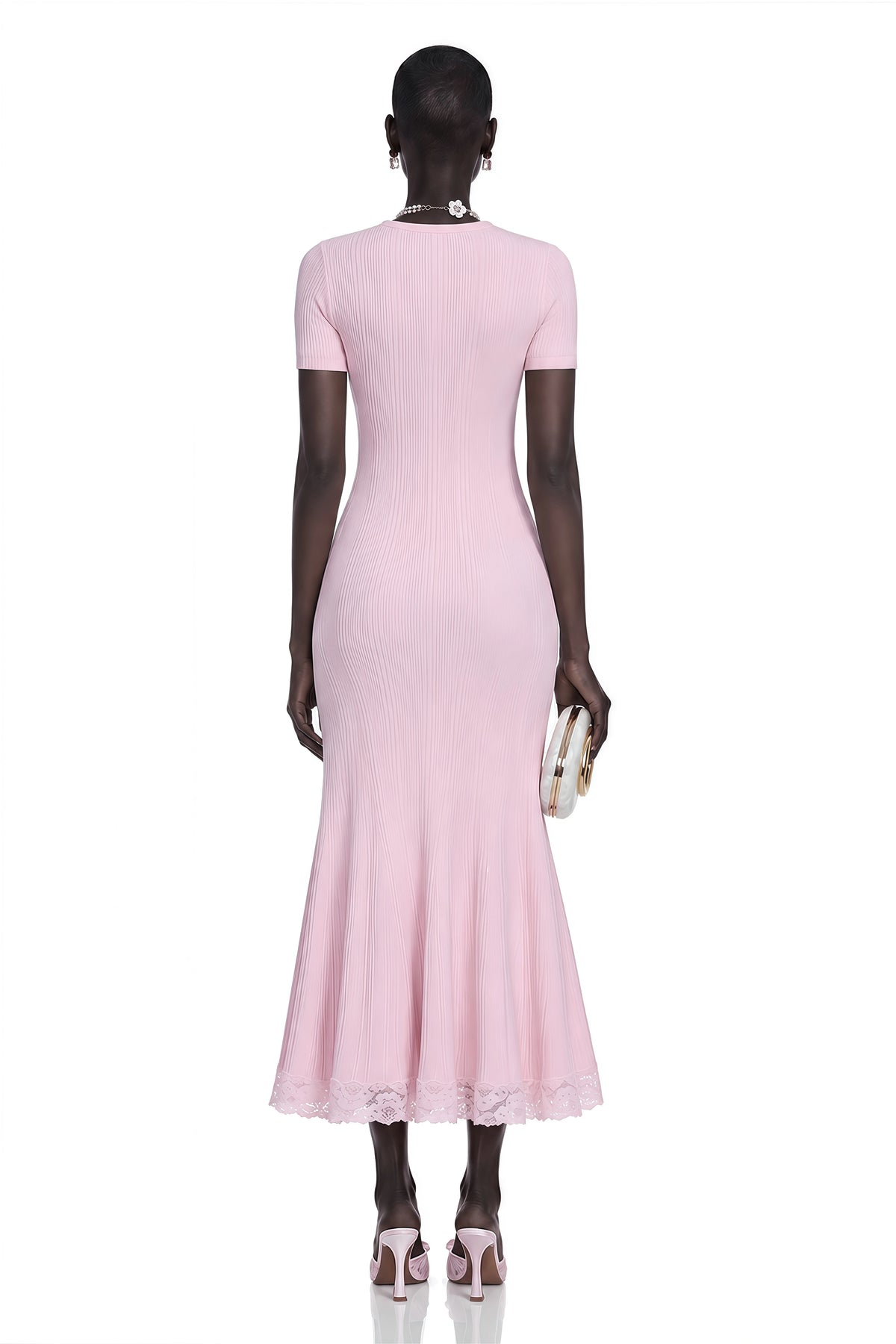 Thalya Pink Lace Trim Knit Midi Dress
