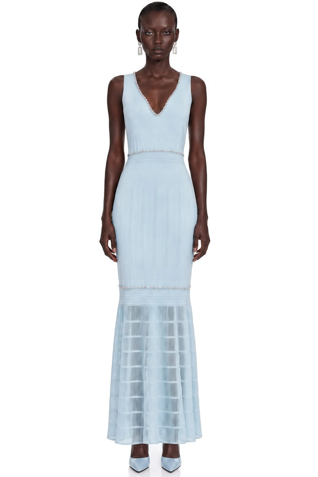 Théa Blue Embellished Mermaid Knit Maxi Dress