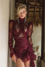 Théa Burgundy Asymmetrical Ruched Mini Dress