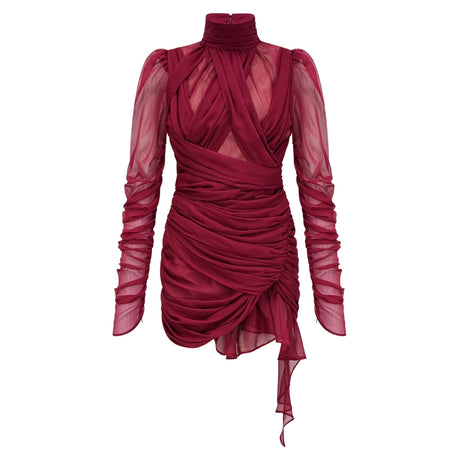 Delaney Mini Dress Burgundy Asymmetrical Ruched