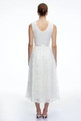 Thea White Textured Sleeveless Midi Dress with Fringe