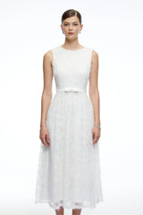 Thea White Textured Sleeveless Midi Dress with Fringe