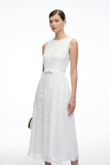 Thea White Textured Sleeveless Midi Dress with Fringe