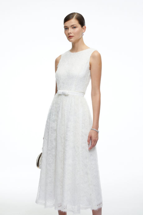 Lilah Midi Dress White Textured Sleeveless with Fringe
