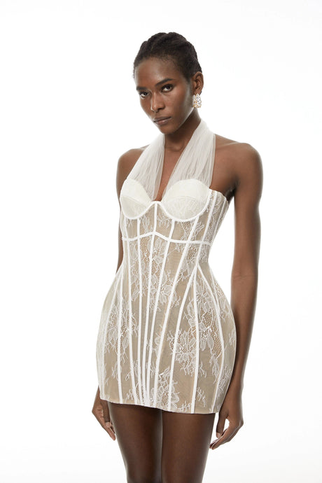 Valerie Mini Dress White Halterneck Lace