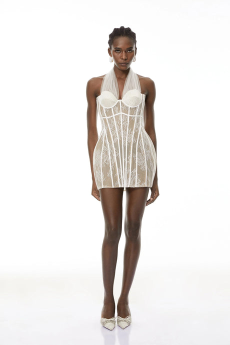 Valerie Mini Dress White Halterneck Lace