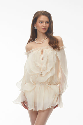 Theodor Cream Ruffled Mini Dress with Lantern Sleeves
