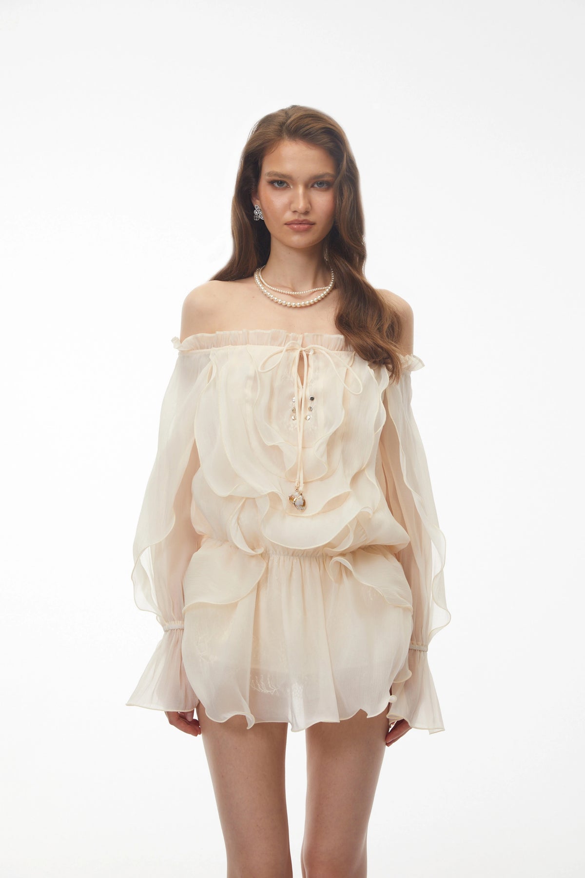 Theodor Cream Ruffled Mini Dress with Lantern Sleeves