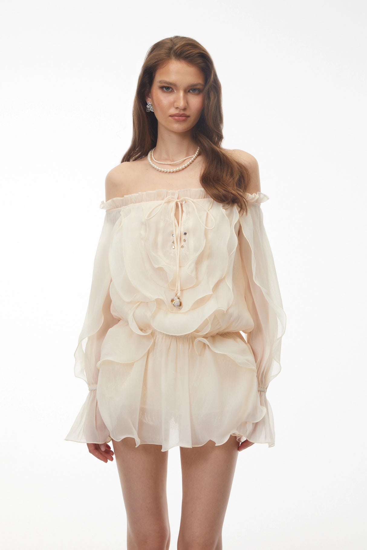 Theodor Cream Ruffled Mini Dress with Lantern Sleeves