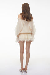 Theodor Cream Ruffled Mini Dress with Lantern Sleeves