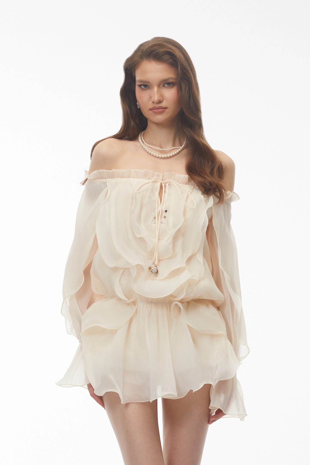 Theodor Cream Ruffled Mini Dress with Lantern Sleeves