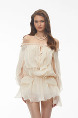 Theodor Cream Ruffled Mini Dress with Lantern Sleeves