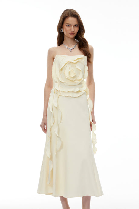 Zuri Maxi Dress Cream White Off Shoulder with 3D Petals