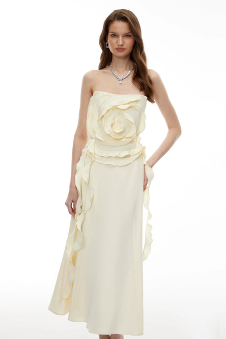 Zuri Maxi Dress Cream White Off Shoulder with 3D Petals