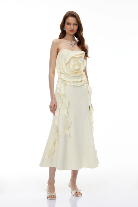 Zuri Maxi Dress Cream White Off Shoulder with 3D Petals