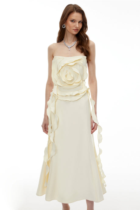 Zuri Maxi Dress Cream White Off Shoulder with 3D Petals