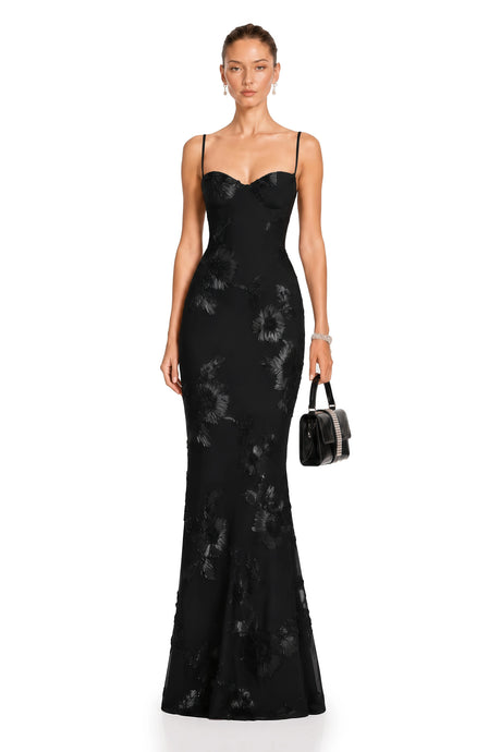 Gemma Maxi Dress Black Floral Appliqué Corset