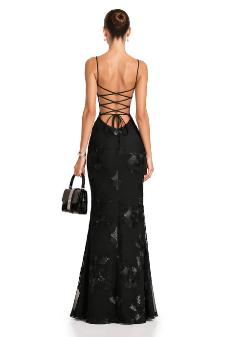 Gemma Maxi Dress Black Floral Appliqué Corset