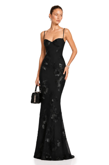 Aubree Maxi Dress Black Floral Appliqué Corset