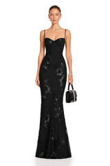 Théoline Black Floral Appliqué Corset Maxi Dress