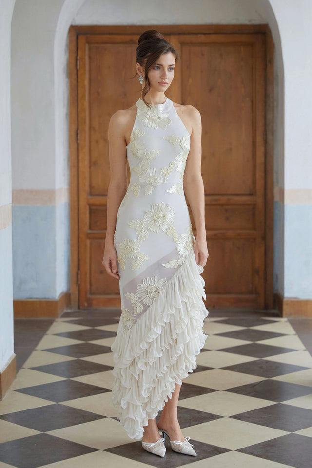 Théoline Neutral Asymmetrical Ruffled Floral Midi Dress