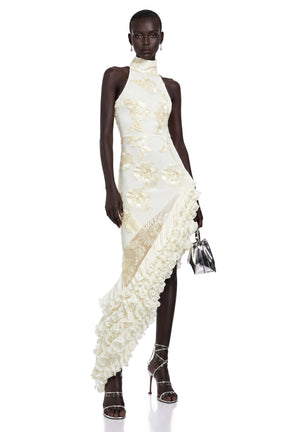Théoline Neutral Asymmetrical Ruffled Floral Midi Dress