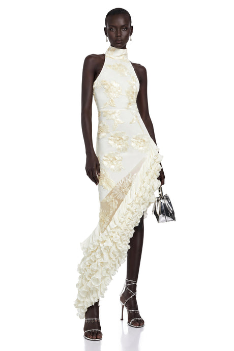 Margherita Midi Dress Neutral Asymmetrical Ruffled Floral