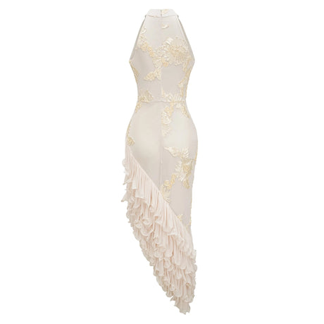 Margherita Midi Dress Neutral Asymmetrical Ruffled Floral