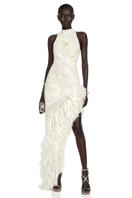 Margherita Midi Dress Neutral Asymmetrical Ruffled Floral
