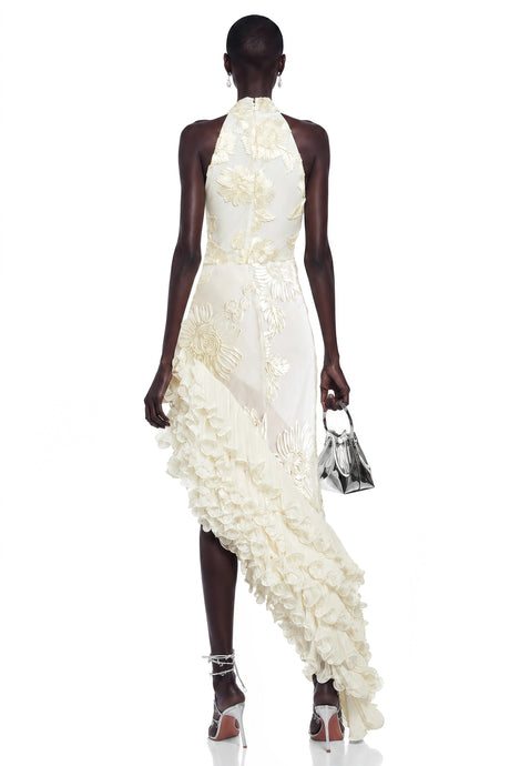 Margherita Midi Dress Neutral Asymmetrical Ruffled Floral