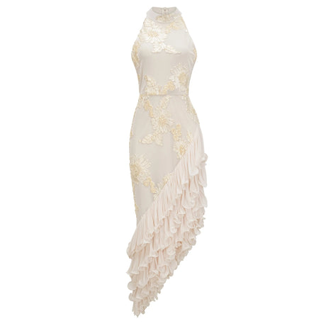 Margherita Midi Dress Neutral Asymmetrical Ruffled Floral