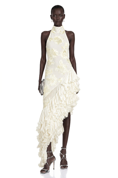 Margherita Midi Dress Neutral Asymmetrical Ruffled Floral