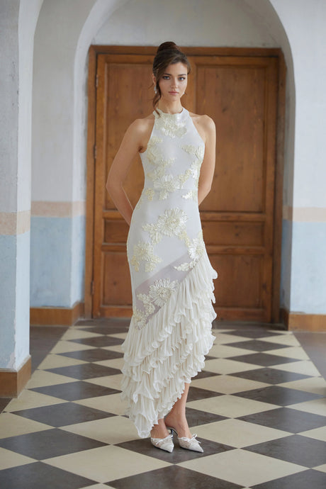 Livia Midi Dress Neutral Asymmetrical Ruffled Floral