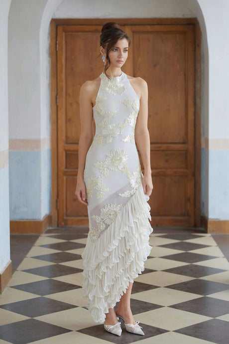 Livia Midi Dress Neutral Asymmetrical Ruffled Floral