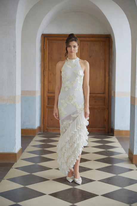 Livia Midi Dress Neutral Asymmetrical Ruffled Floral