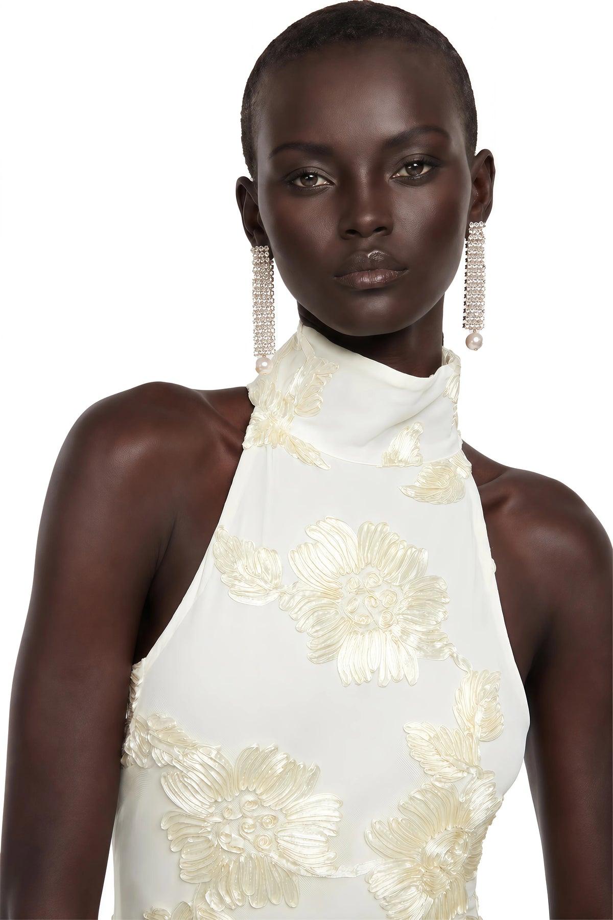 Théoline Neutral Asymmetrical Ruffled Floral Midi Dress