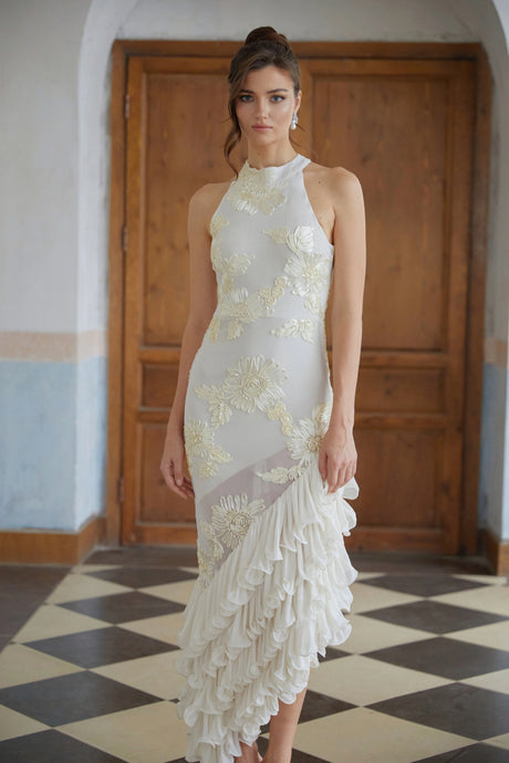 Livia Midi Dress Neutral Asymmetrical Ruffled Floral