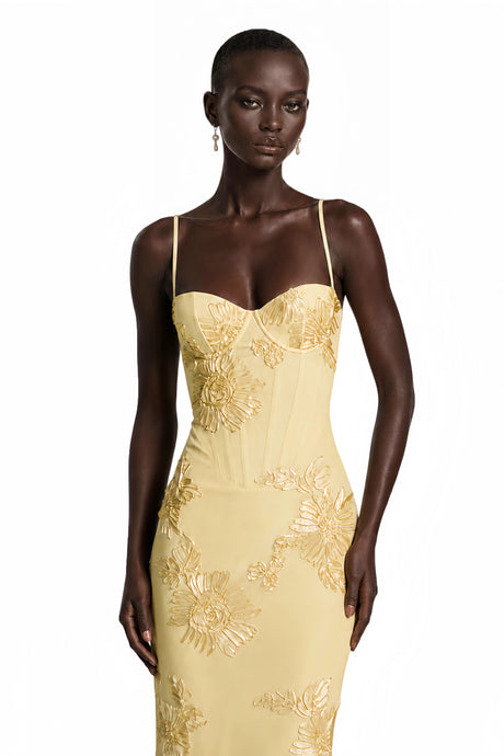 Mariangela Maxi Dress Yellow Floral Appliqué Corset